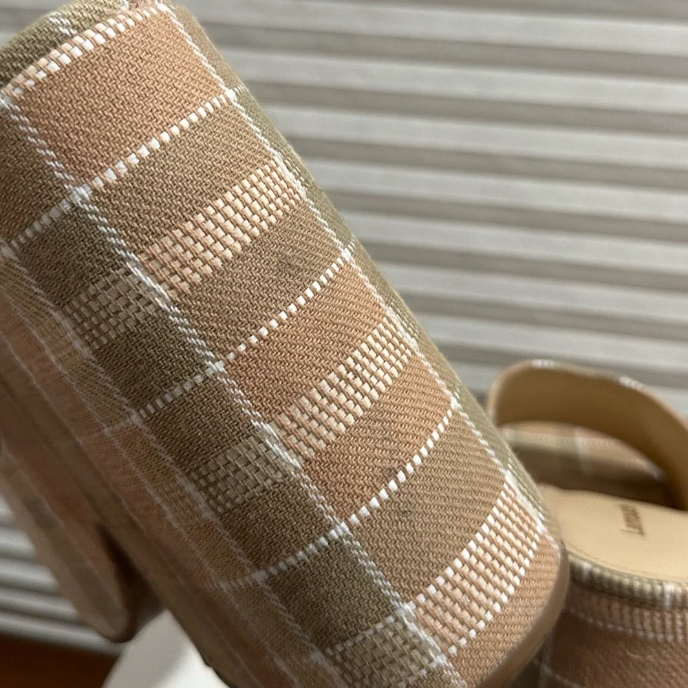 🌹LARROUDE🌹 Wanda Platform Mule In Neutral Plaid Raffia Size: 11